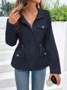 Women's Casual Turndown Collar Double Pocket Contrast Zipper Cinched Waist Spring Autumn Parka Jacket - Navy Blue - View 3