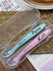 Personalized Silicone Baby Spoons With Name And Date, Baby Led Weaning Spoon Set, Soft Gum Care Feeding Cutlery, Gift For Boys And Girls - Style a - View 6