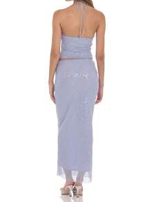 Women Sequin 2 Piece Set Tie-Up Halter Neck Open Back Crop Tops Low Rise Long Bodycon Skirt For Party Club - Blue - View 7