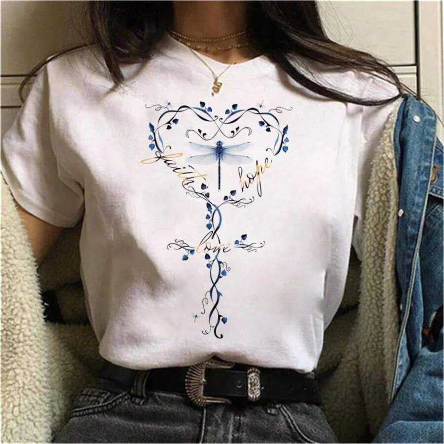 Fashion Watercolor Dragonfly Print Women T-Shirt Summer Casual Short Sleeves Ladies O-Collar T Shirts Graphic Print Tops - White - View 1
