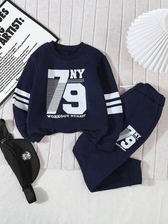 2pcs Boys'' Casual Sports "79" Graphic Sweatshirt + Pants Set, Autumn/Winter