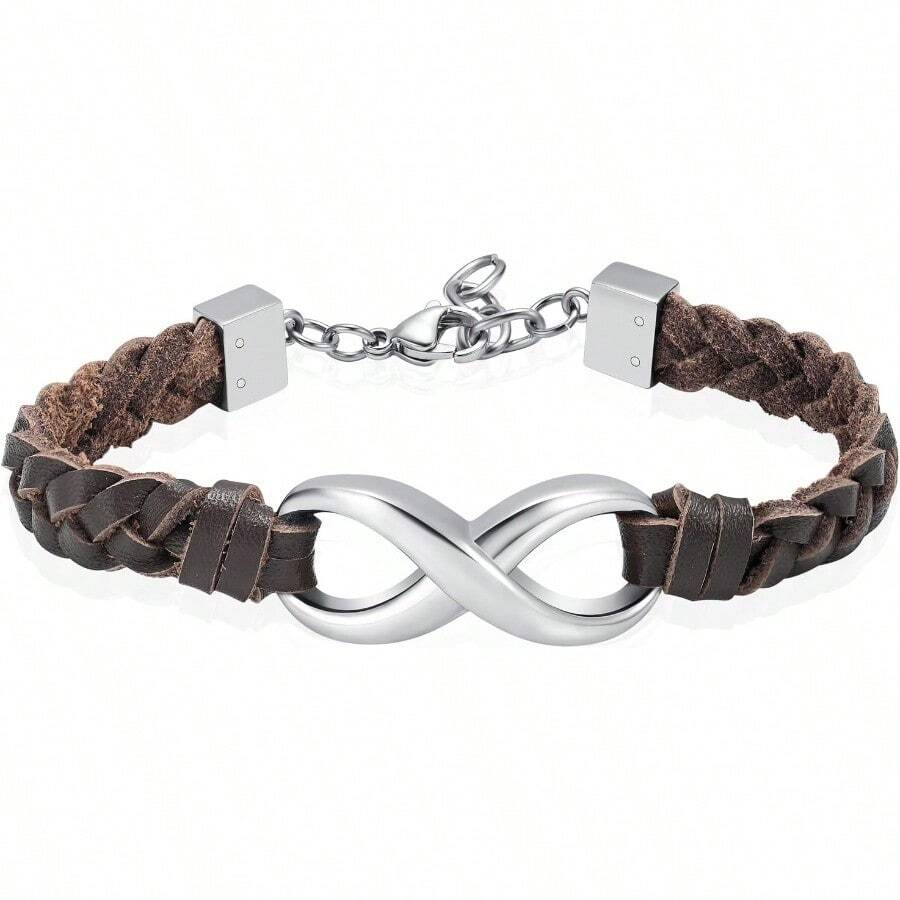 Infinity Cremation Bracelet For Ashes Genuine Leather Memorial Urn Bangle For Human Stainless Steel Keepsake Bracelet Jewelry For Women Men - Brown-Silver - View 1