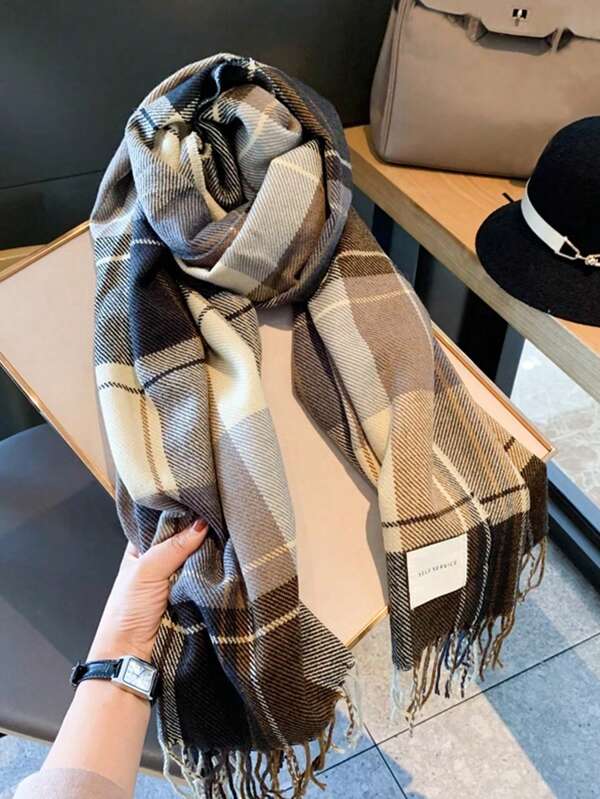 1 Peça Lenço Xadrez com Franjas Feminino, Cashmere Sintético, Quente, Adequado para Uso Diário em Acessórios Femininos de Outono e Inverno