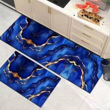 1 Stück goldene Samt Blau Abstrakte Kunst Flur Matte, Luxuriöser dekorativer Wohnzimmer Teppich, Weiche bequeme Lässig Laufmatte rutschfest waschbar Küchenboden Matten, Rutschfest Diatomit Küchenteppich, Küchenmatten - Verschiedenfarbig - Übersicht 4