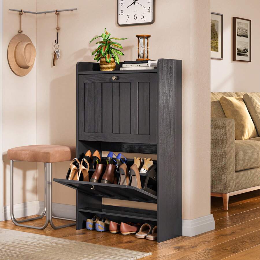 Shoe Cabinet With 2 Separate Drawers, 2 Levels Of Shoe Storage, Flip-Down Compartments, Anti-Tip Device, Suitable For Use On Doors, Available In 3 Colors - màu đen - Xem 1