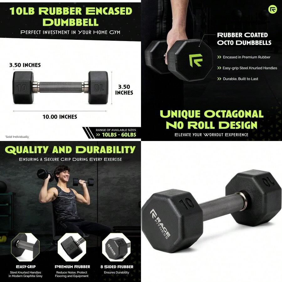 Rubber Coated Dumbbells No Roll Design EasyGrip Steel Knurled Handle Weights Dumbbells Set For Strength Training Ideal Weights Set For Home Gym 1060 LBS SOLD INDIVIDUALLY - Green Octo+15 LB - View 1