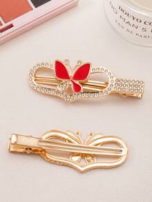 10件/5件金色水滴蝴蝶结水钻心形发夹，时尚蝴蝶鸭嘴发夹，简约可爱侧边发夹，优雅精致发夹。适合日常女士和学生返校季，爪夹，发夹，发夹，鳄鱼皮发夹，学校用品