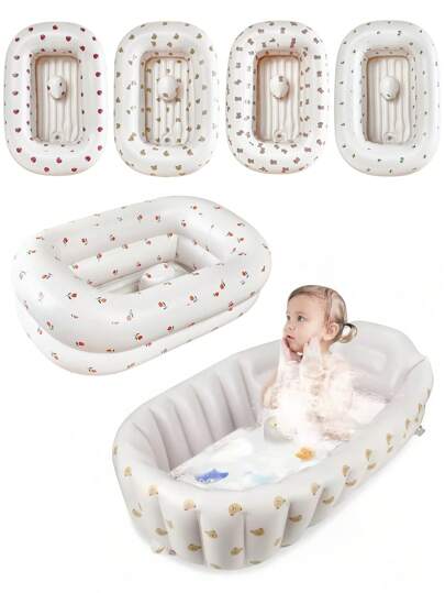 1个/多种图案可选 便携式小熊印花充气婴儿浴盆，防滑设计，可折叠易收纳，柔软靠背支撑，适合新生儿洗澡，居家旅行皆宜