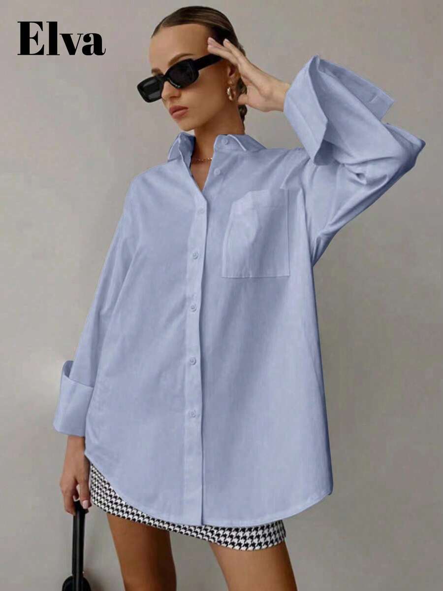 QIANZHIDU Camisa Minimalista Casual de Manga Longa Solta de Cor Sólida para Mulheres, Adequada para Voltar à Escola, Formatura, Escritório, Uso na Primavera, Verão e Outono, Simples e Elegante, Adequada para Primavera, Verão e Outono/Inverno