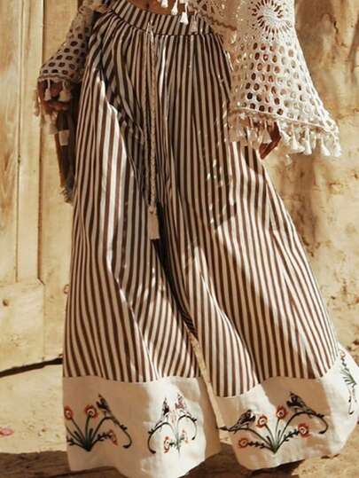 Pantalones casuales de mujer con cintura alta elástica, cordón, estampado floral y parches, de pierna ancha