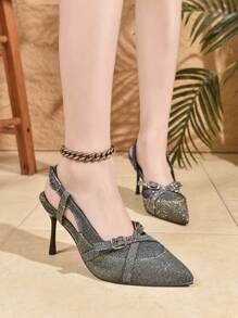 1 Pair Women's Fashion Versatile Soft Sole Slip-On Bohemian Glitter Ombre Design Buckle Strap Wide Fit High Heel Shoes - Multicolor - View 6