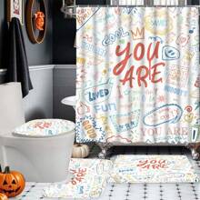 1/4 件 - 励志语录浴室装饰套装，现代彩色涂鸦积极口号“你是一个励志杰作”防水浴帘，带 12 个挂钩，防滑浴垫，马桶 U 型垫和盖子，家居装饰礼物，适合所有季节，是送给朋友和家人的完美日常和节日礼物