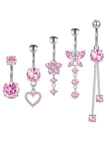 Set de 5 piezas de 14g de barras de ombligo de acero inoxidable con aros colgantes de ombligo para mujer, joyería de perforación con colgantes de corazón, flor y mariposa en plata y oro