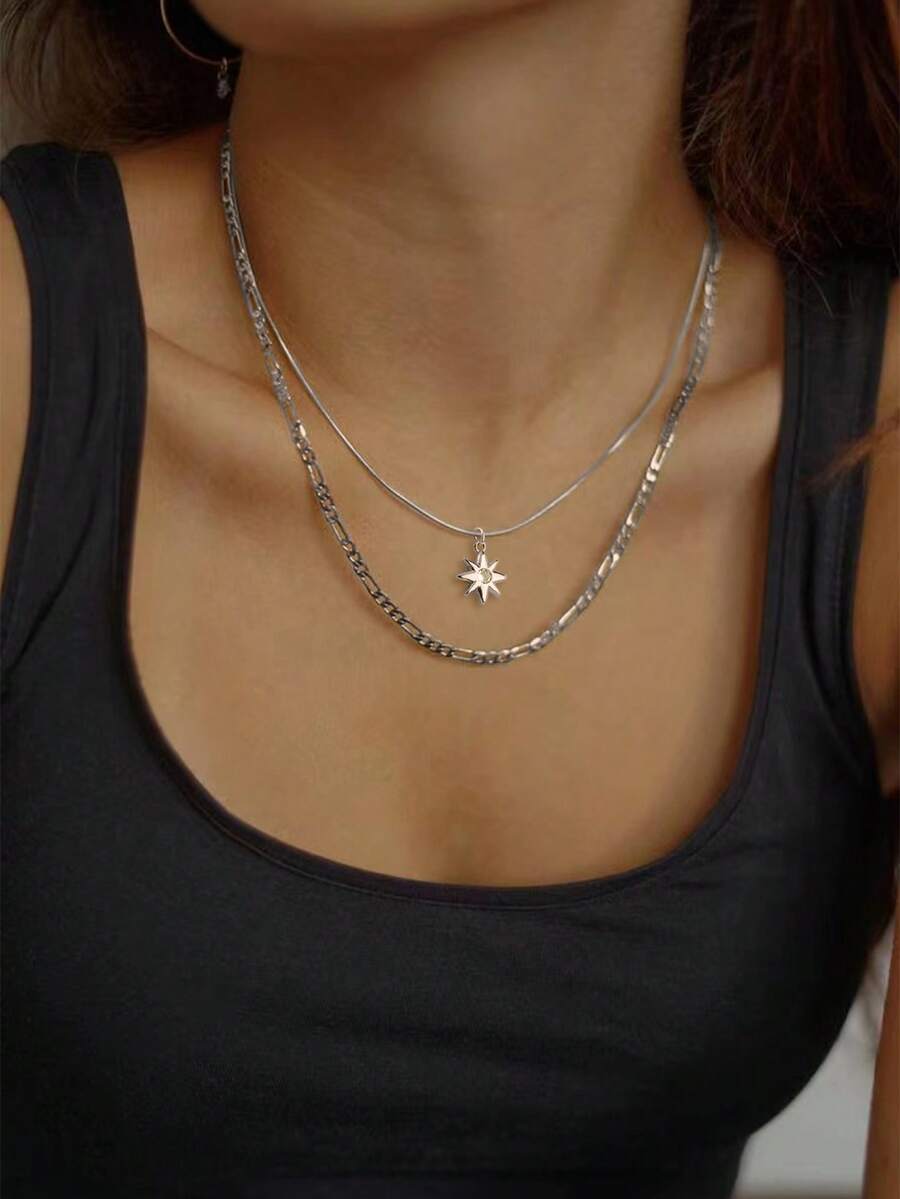 Nooxian Bộ 2 dây chuyền thời trang xếp chồng, mặt dây chuyền hình ngôi sao độc đáo đính đá Cubic Zirconia, quà tặng trang sức cao cấp cho nữ