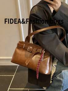 Fashionable Women Tote Bag, Solid Color Minimalist PU Leather Retro Style, Suitable For Dating, Shopping, Versatile, With Keychain Pendant - Brown - View 4