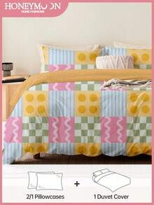 2/3 件套印花床上用品套装，柔软透气，可爱印花装饰被套，卧室和宿舍必备，适用于单人床、双人床、大号床、特大号床，包含 1 个被套 + 1/2 个枕套