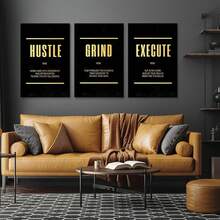GUBIYU Black Hustle Grind Execution Wall Art Set Of 3 Framed Canvas Office Inspirational Motiviational Wall Decor Art Positive Quotes Posters Living Room Pictures Walls Decor Mens Guys 12x16 - 黑金001 - 查看 10