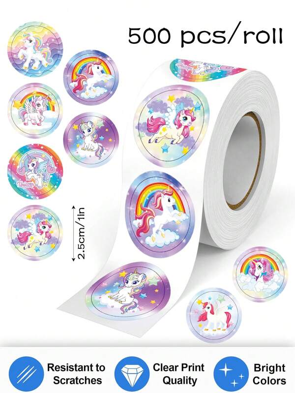 500pcs Purple Unicorn Graffiti Stickers, 1 Inch Cartoon Round Shape, Teacher Rewards For Back To School, Decoration For Phone Cases, Water Cups, Scrapbooking DIY, PVC Adhesive Stickers
