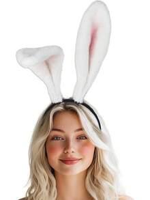 Bunny Ears Headband White Rabbit Ears Furry Black Bunny Ear Easter Costume Hoween Hair Accessories Women - 白色 - 查看 1