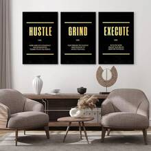 GUBIYU Black Hustle Grind Execution Wall Art Set Of 3 Framed Canvas Office Inspirational Motiviational Wall Decor Art Positive Quotes Posters Living Room Pictures Walls Decor Mens Guys 12x16 - 黑金001 - 查看 5
