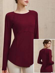 Atasan Yoga Kebugaran Wanita, Kemeja Olahraga Cepat Kering, Cocok untuk Lari, Latihan di Gym, Lapisan Dasar Kompresi Elastis untuk Olahraga Musim Semi - Burgundy - View 6