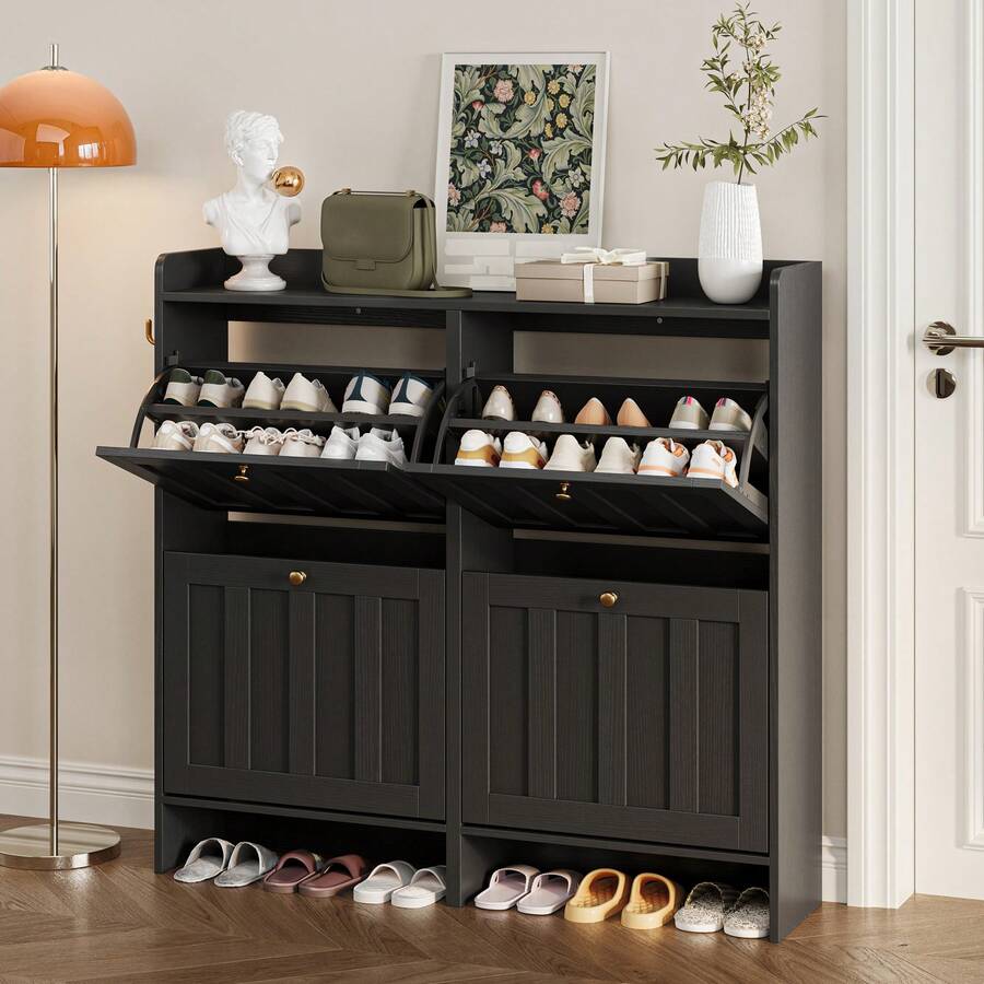 Freestanding Shoe Cabinet With 4 Drawers, Storage Cabinet, Reversible Compartments, Anti-Tip Device, Suitable For Use On Doors, 3 Colors Available - Black - View 1