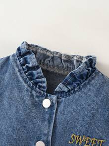 1 件女童牛仔夹克，可爱甜美时尚俏皮荷叶边泡泡袖牛仔夹克，秋冬新款 - 中等水洗藍 - 查看 4