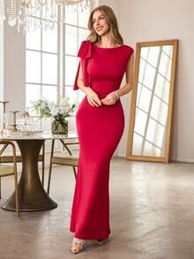 MUXXN Asymmetric Neckline One Shoulder Bow Decor Long Mermaid Formal Gown, Suitable For Wedding Guest, Graduation Ceremony, Banquet, Spring/Summer - Burgundy - View 4