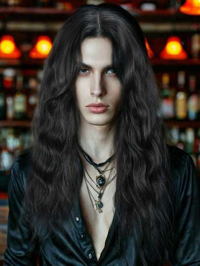 [1 件男士摇滚朋克假发] 男士 70 年代 80 年代摇滚朋克假发舒适透气玫瑰网帽长波浪卷发耐热高温纤维适用于主题派对音乐节角色扮演万圣节 - 黑色