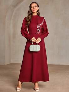 Stylish Red Long Arabian Dress With Stand Collar Puffed Sleeves And Unique Beaded Fringe Accent - Red - View 5