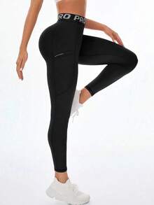 Plus Size 1pc Spring & Autumn New Arrival Hot Selling Letter Waist Yoga Pants, Women's Lifting Tummy Control Outer Wear Leggings, Black With Side Pockets Outdoor Casual Versatile Fitness Pants - Suitable For Daily Wear - Black - View 3
