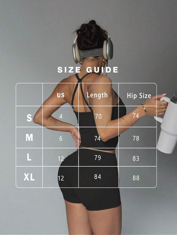 FWH Minimalist Functional Sports Bra With Removable Pads + High-Waisted Shorts, Seamless Fabric Suitable For Fitness/Streetwear, X-Back Straps, 4-Way Stretch, Compression Waistband, 2 Pieces Set - Black - View 3