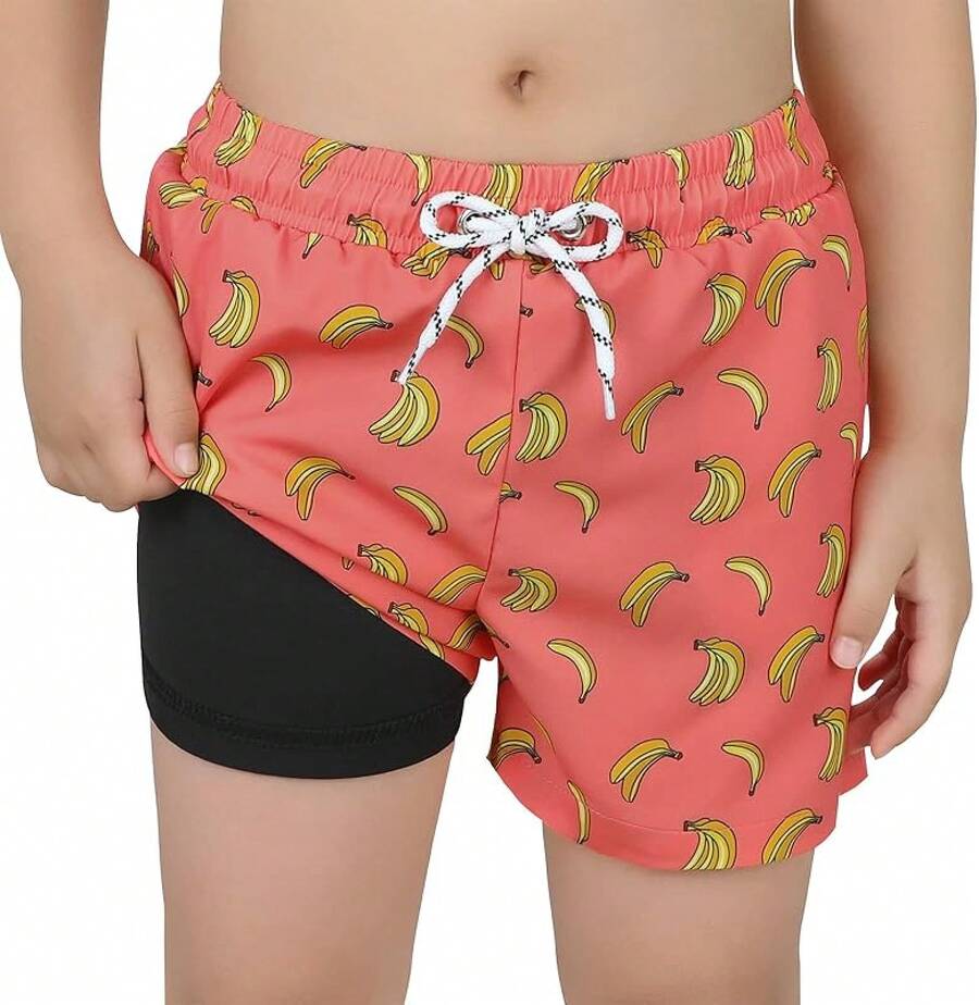 Boys Swim Trunks With Boxer Brief Liner Swim Shorts Compression Liner Youth Anti Trunks Halloween Christmas New Year - Chuối hồng - Xem 1