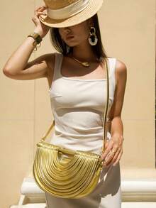 Bolso de mano de lujo para mujer con textura a rayas exquisita, bolso bandolera de un solo color de gran capacidad con forma, bolso de cóctel de temperamento, perfecto para vacaciones, fiestas, bodas, banquetes, se puede combinar con vestidos diarios, de baile, de cumpleaños y de fiesta - Dorado - Ver 4