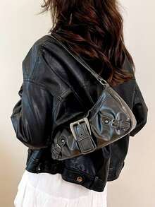 DEDOO 女士复古朋克摩托车铆钉装饰可调节肩带大容量柔软仿油皮渐变色肩背/腋下法棍方形包，适合工作、通勤、约会、派对等场合，复古女士手提包 - 黑色 - 查看 9