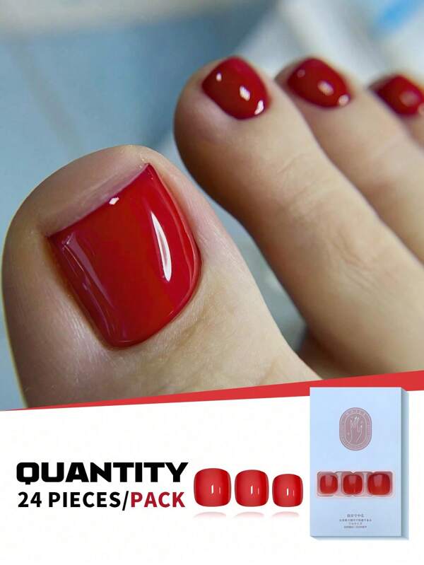 24pcs Short Square Red Glossy Full Cover Toenail Stickers Set, Suitable For Party, Dance, Daily Wear