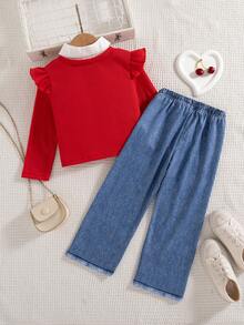 2pcs Girls Casual Outgoing Fashion Contrast Color Frill Hem Splice 2 In 1 Design Half-Open Collar Long Sleeve Top And Pants Set, Spring/Autumn - Red - View 2