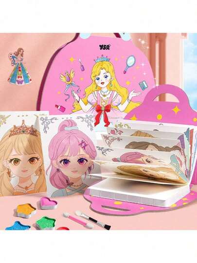 Princess Stickers Cosmetic Bag Girl Stickers Handmade DIY Quiet Book Dress-Up Paste Rhinestone Princess Cosmetics Dress-Up Set Girl Princess Cosmetic Bag