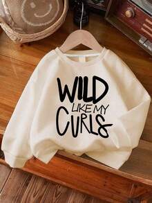 1件女童長袖圓領套頭上衣，印有「WILD LIKE MY CURLS」圖案，舒適時尚休閒，適合年輕女孩/青少年/青春期女孩的秋冬新款上衣 - 杏色 - 查看 1