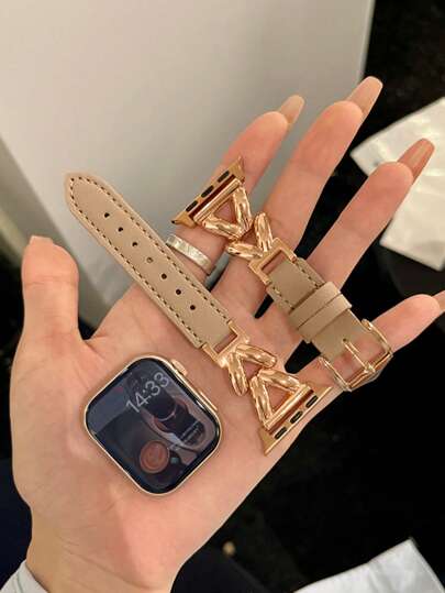 1pc Compatible With Apple Watch Band, Khaki Leather & Metal V-Chain Leather Strap, Niche High-End Style Suitable For Apple Watch 38mm/40mm/41mm/42mm/44mm/45mm, Women's New Ins Cream Almond, Low-Key Durable, Paired With Rose Gold Metal, Super Fashionable And Durable, Breathable