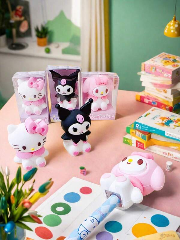 Sanrio 1/4/6 Stück,  Sharpie Bleistift,  Anspitzer, Jungen Spiel Geschenk, 3D Form Bleistiftanspitzer und Schreibwaren Preis, Gummi 2-in-1/2-in-1 Bleistiftanspitzer, Gummi Stift Roller, Schulanfang