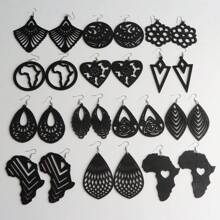 10 Pairs Boho Style Wooden Stud Earrings With Colorful Geometric Hollow Print, Suitable For Daily, Party And Gathering Wear, Random Design