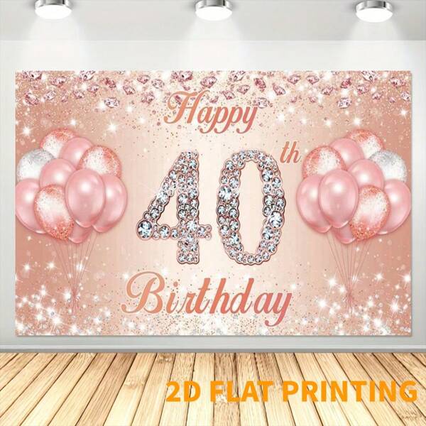 2D Happy 40th Birthday Rose Gold Banner, Cheers 40 Years Achtergrond met kleurrijke confettiballonnen, 40th Birthday Partydecoraties voor vrouwen, roze verjaardagsbenodigdheden, glitterdecoratie