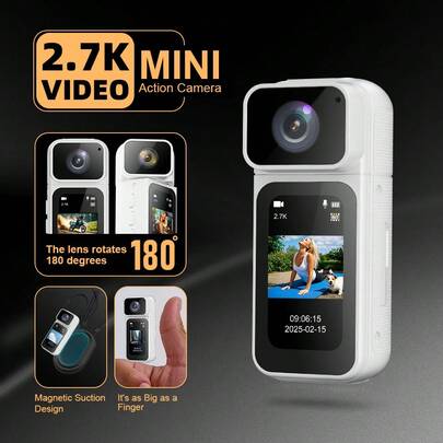 2.7K迷你便携相机，WiFi拇指大小运动相机，磁吸式可穿戴相机，带录制功能，1.47英寸高清显示屏，180°旋转镜头，适合便携式Vlog和遛狗（350mAh，白色）