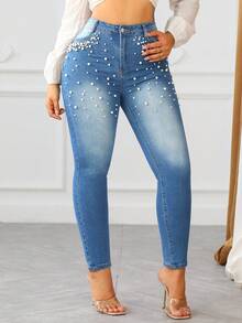 Women's Stretchy Skinny Jeans With Pearl Accents & Button/Zipper | Sexy Edgy Denim Pants For Streetwear Comfort & Everyday Versatility - 中等水洗藍 - 查看 4