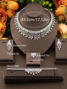 1 Set Luxury & Elegant Cubic Zirconia Flower Bouquet Design Jewelry Set Including 1 Pair Earrings, 1 Necklace, 1 Bracelet, 1 Ring, Suitable For Women's Wedding & Party Wear, No Gift Box Included - View 5