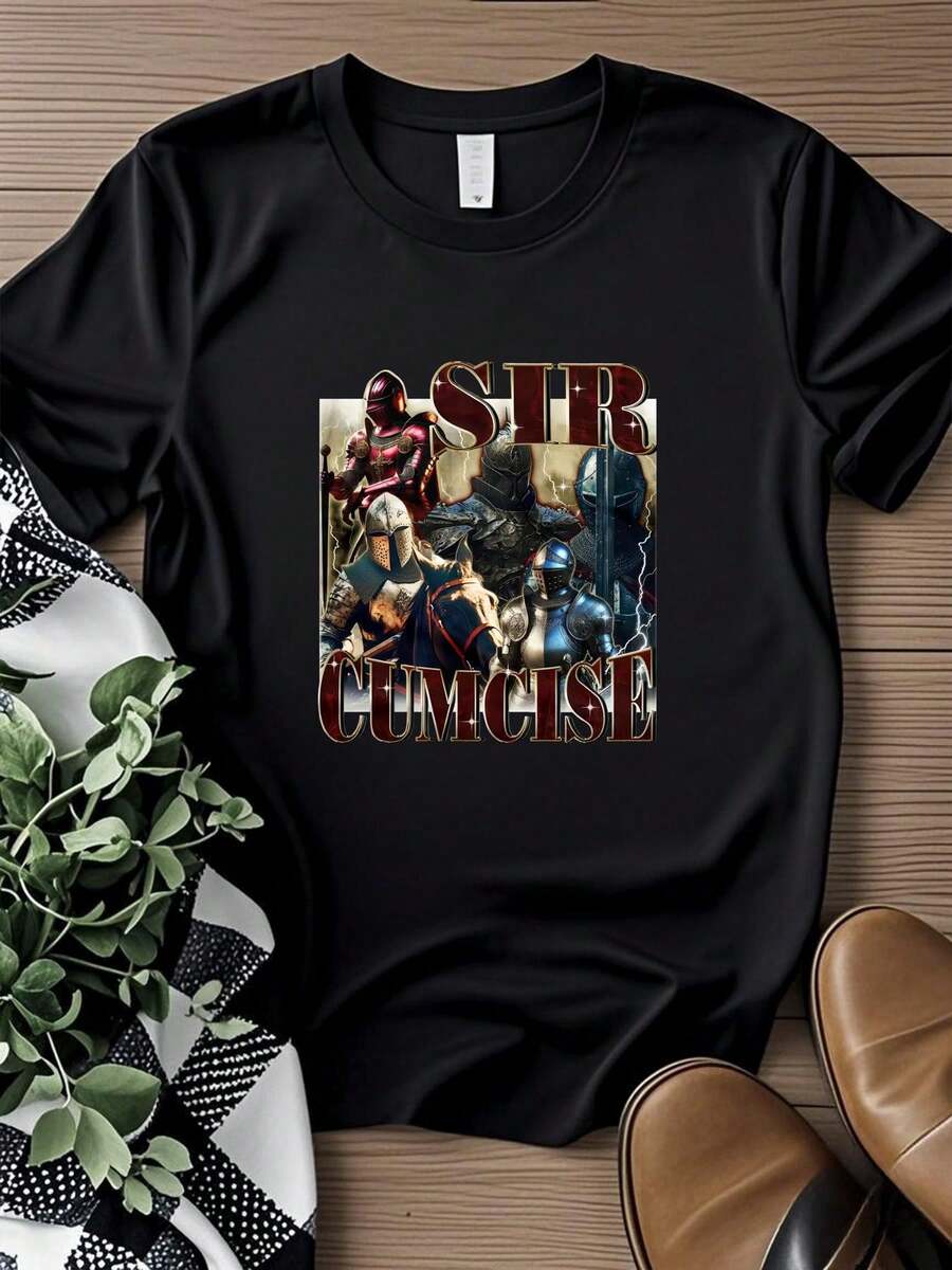 180g Pure Cotton Sir Cumcise Funny T-Shirt Circumcision Survivor Red Knight Meme Unisex Shirt Print Round Neck Short Sleeve Slightly Stretched Casual Top For Everyday Wear Graphic Designer Clothes Comfortable Streetwear Stylish Summer Homme For Women Fashion Soft Breathable Versatile - Black - View 1