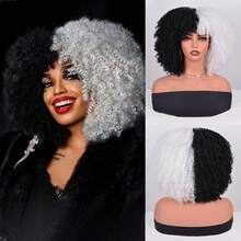 Short Afro Kinky Curly Wig With Bangs Synthetic Wig Curly Afro Wigs For Women Black Wig Brown Gold Gradient 12 Inch Replacement Wigs Party Use Natural Cosplay Wigs - Black and White - View 10