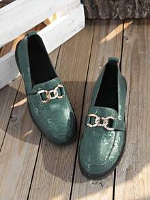 Mocasines planos con decoración de cadena estilo británico para mujer; Nuevos mocasines informales elegantes y cómodos de estilo universitario para mujer, llegada otoño 2025; Adecuados para combinar con faldas, apropiados para uso en el campus