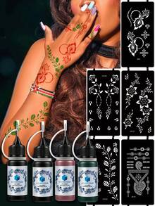 Handmade Tattoo Template & Natural Dye Kit (Tattoo Template + Natural Plant Dye), Multi-Designs Suitable For Men & Women. Semi-Permanent Finger, Wrist, Shoulder, Neck, Collarbone, Body Art, Skin Painting, Waterproof Tattoo Template Set - Multicolor - View 1